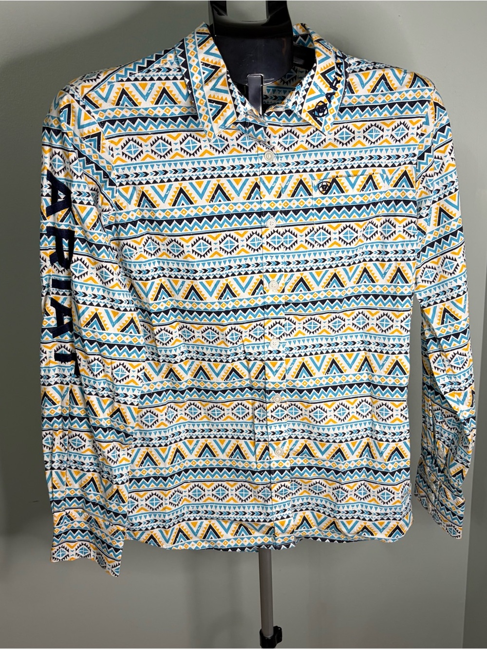 Women’s Ariat Geometric Print Long-Sleeve Shirt - White/Yellow/Blue medium